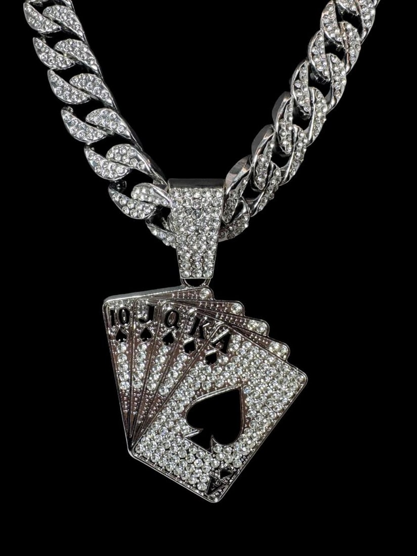 Huge 174 Gram 14 K White Gold Plate Royal Flush Chain Pendant: This Huge 174 Gram Royal Flush Cuban Link Chain Necklace Is A Stealth 14 mm wide and 20" long. A-1 Top Notch Quality.