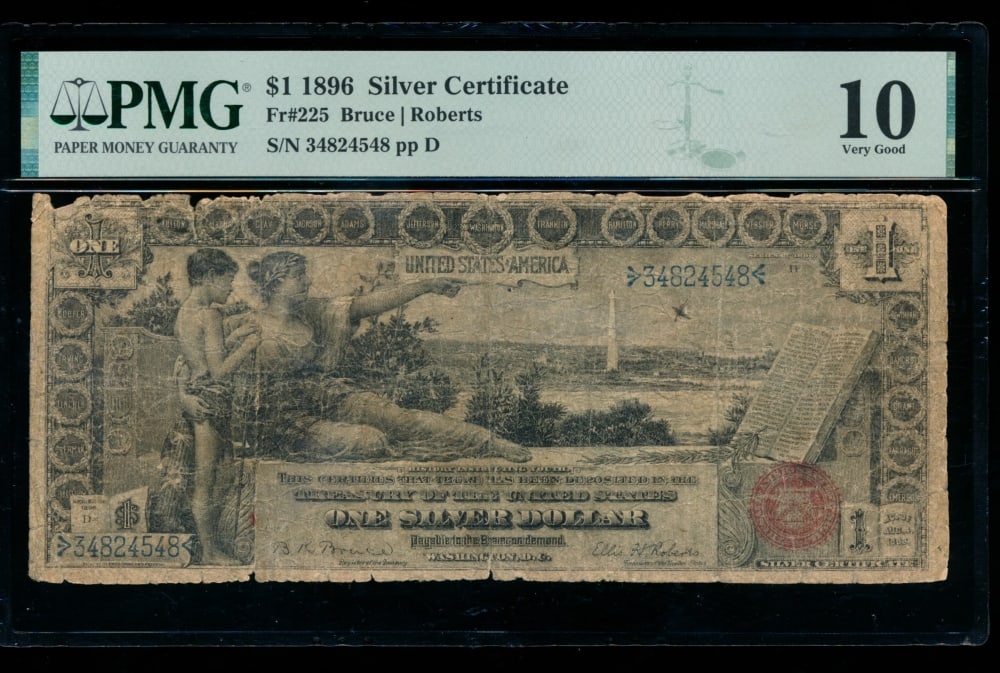 1896 $1 Educational Silver Certificate PMG 10: One 1896 $1 Educational Silver Certificate PMG 10.