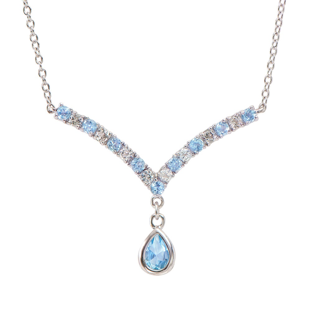 Plated Rhodium 2.4ctw Blue Topaz Pendant with Chain: One Plated Rhodium 2.4ctw Blue Topaz Pendant with Chain. (1) pear shaped Blue Topaz stone with a total weight of 1.5cts. (9) round Blue Topaz stones with a total weight of 0.90cts. (8) White Topaz sto