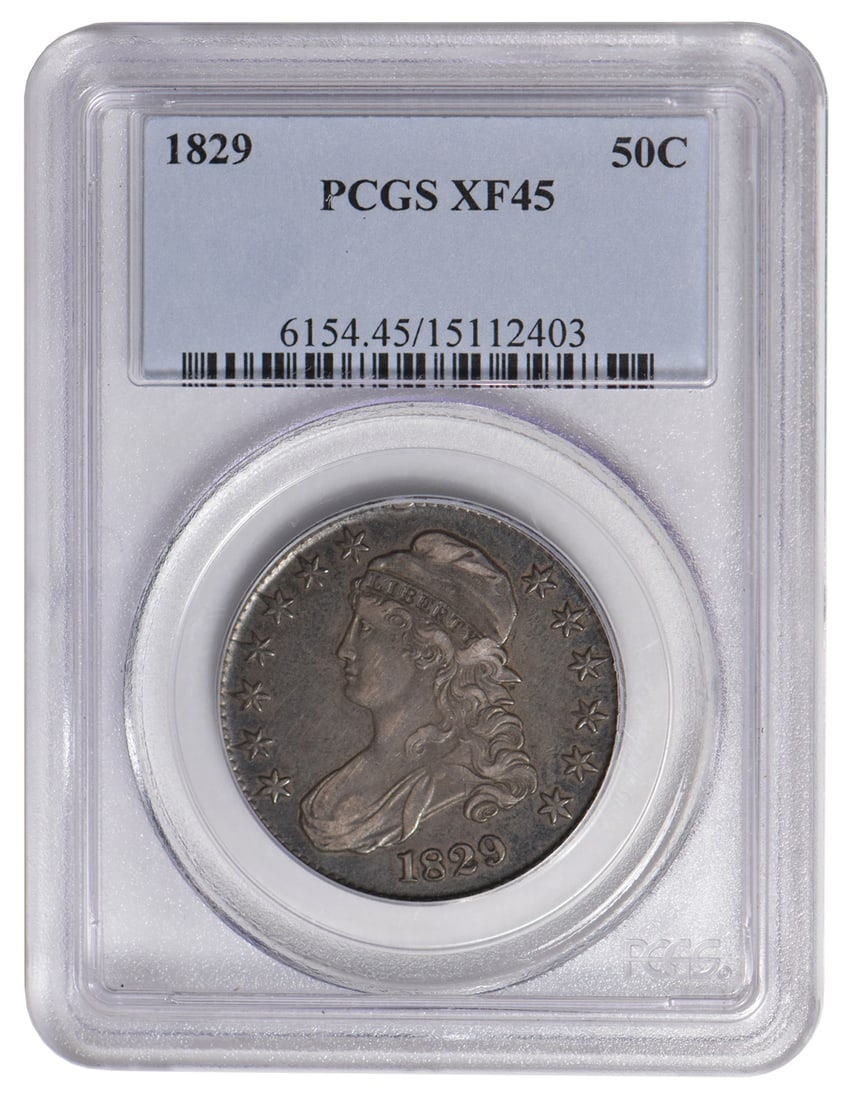 1829 Capped Bust Half Dollar PCGS XF45: One 1829 Capped Bust Half Dollar PCGS XF45.