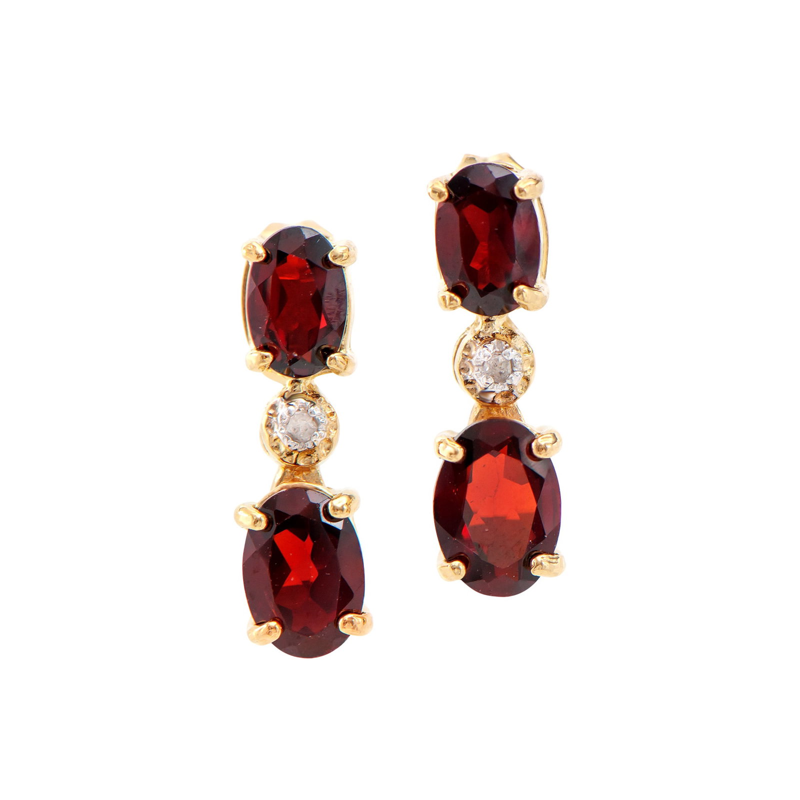 Plated 18KT Yellow Gold 2.50ctw Garnet and Diamond Earrings: One pair of Plated 18KT Yellow Gold 2.50ctw Garnet and Diamond Earrings. (4) Garnet stones with a total weight of 2.50cts. Diamonds with a total weight of 0.015cts with a color of I-J and with a clari