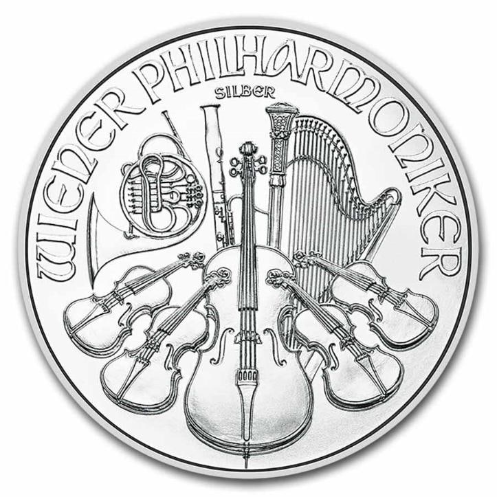 2025 Austria 1 oz Philharmonic Silver BU Coin: One 2025 Austria 1 oz Philharmonic Silver BU Coin.