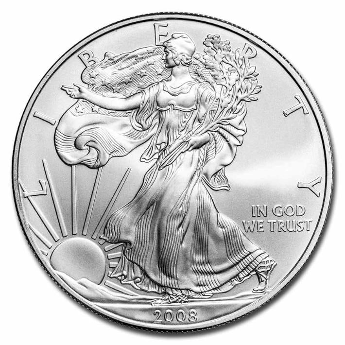 2008 American Silver Eagle 1oz BU Coin: One 2008 American Silver Eagle 1oz BU Coin.