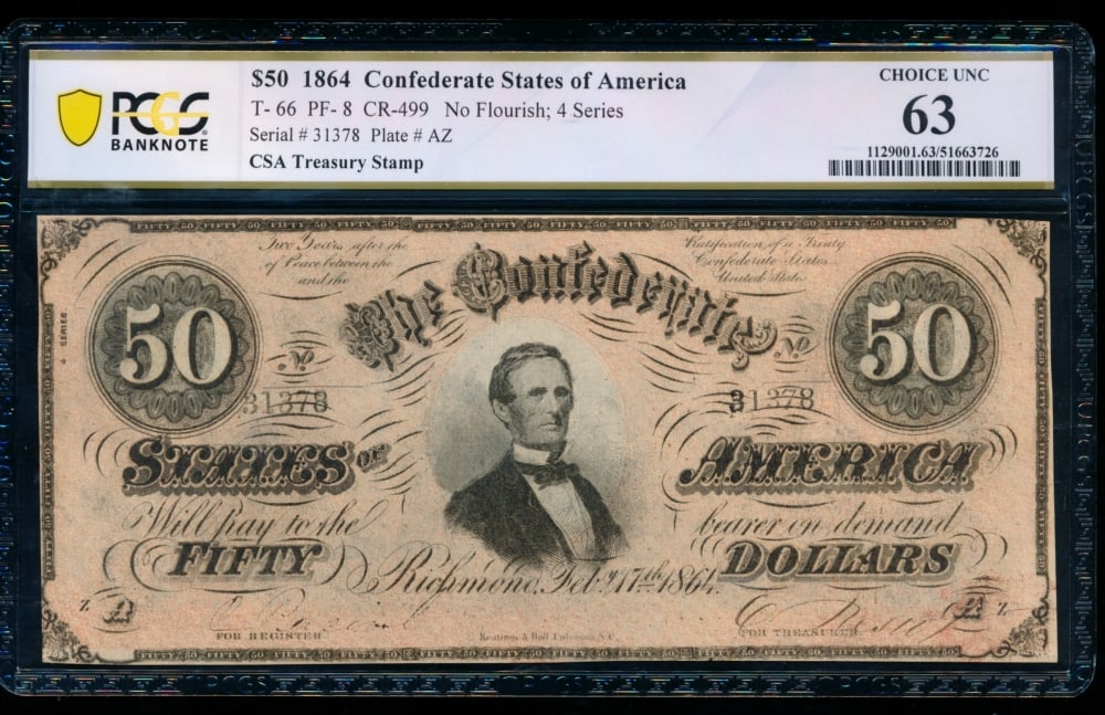 1864 $50 T-66 Confederate PCGS 63: One 1864 $50 T-66 Confederate PCGS 63.