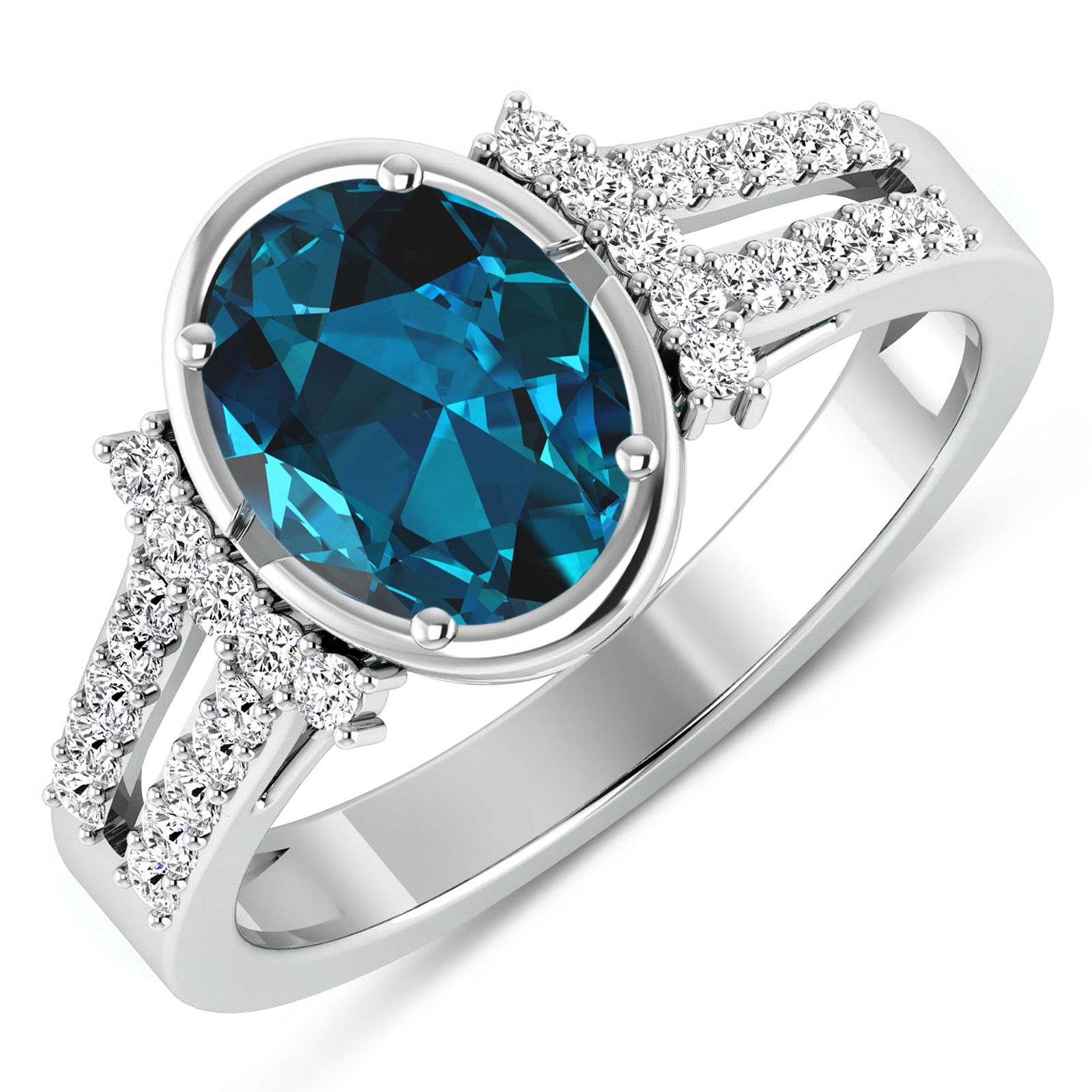 14KT White Gold 1.9ctw London Blue Topaz and Diamond Ring: London Blue Topaz Oval 9x7mm - 1Pc + White Diamond F/C Round 1.30mm - 30Pcs ( SI-2/HI ) Total weight of gemstone is 1.9cts. Total Diamond weight is 0.3cts. Total weight of this ring is 3.29 grams. Rin