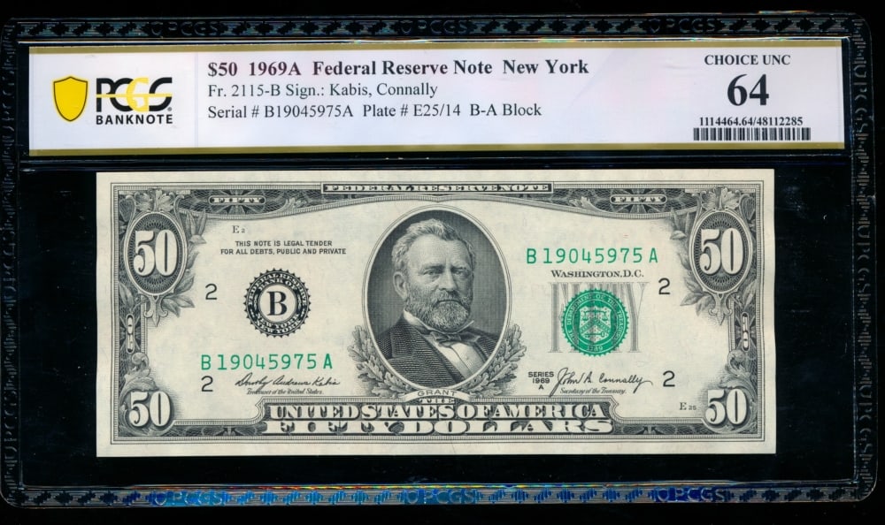 1969A $50 New York FRN PCGS 64: One 1969A $50 New York FRN PCGS 64.