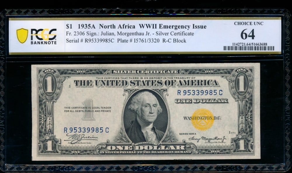 1935A $1 N Africa Silver Certificate PCGS 64: One 1935A $1 N Africa Silver Certificate PCGS 64.