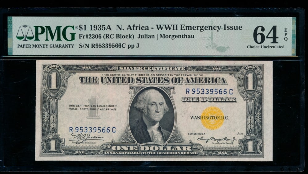 1935A $1 N Africa Silver Certificate PMG 64EPQ: One 1935A $1 N Africa Silver Certificate PMG 64EPQ.