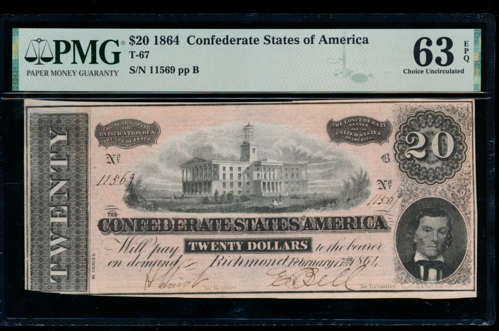 1864 $20 T-67 Confederate PMG 63EPQ: One 1864 $20 T-67 Confederate PMG 63EPQ.