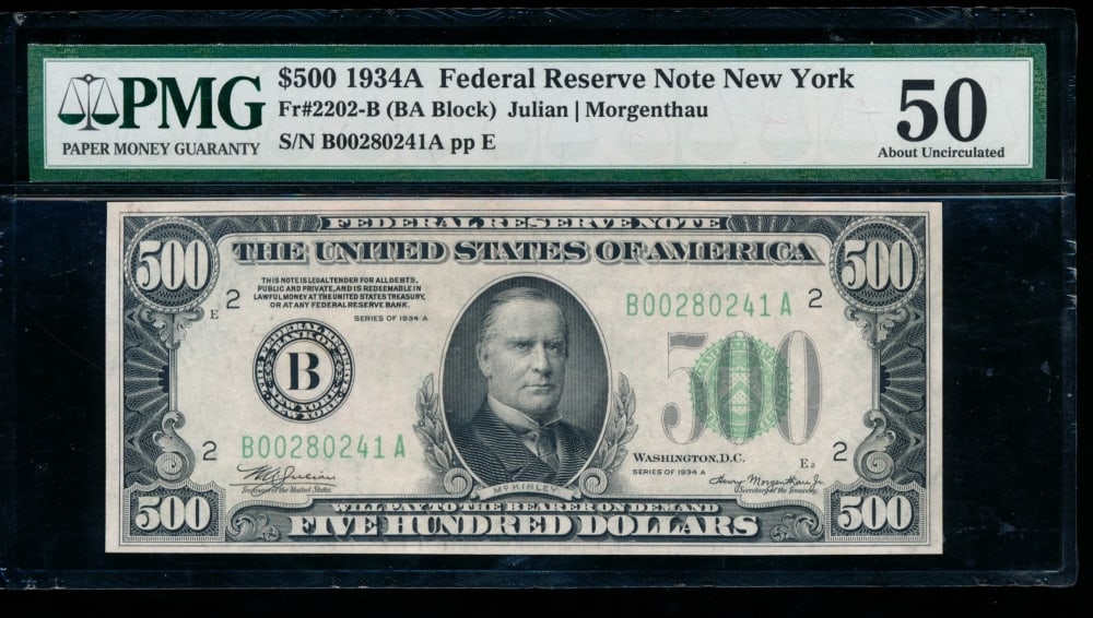 1934A $500 New York FRN PMG 50: One 1934A $500 New York FRN PMG 50.
