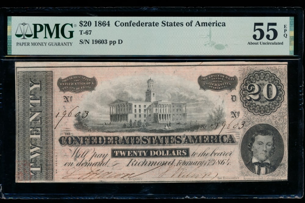 1864 $20 T-67 Confederate PMG 55EPQ: One 1864 $20 T-67 Confederate PMG 55EPQ.