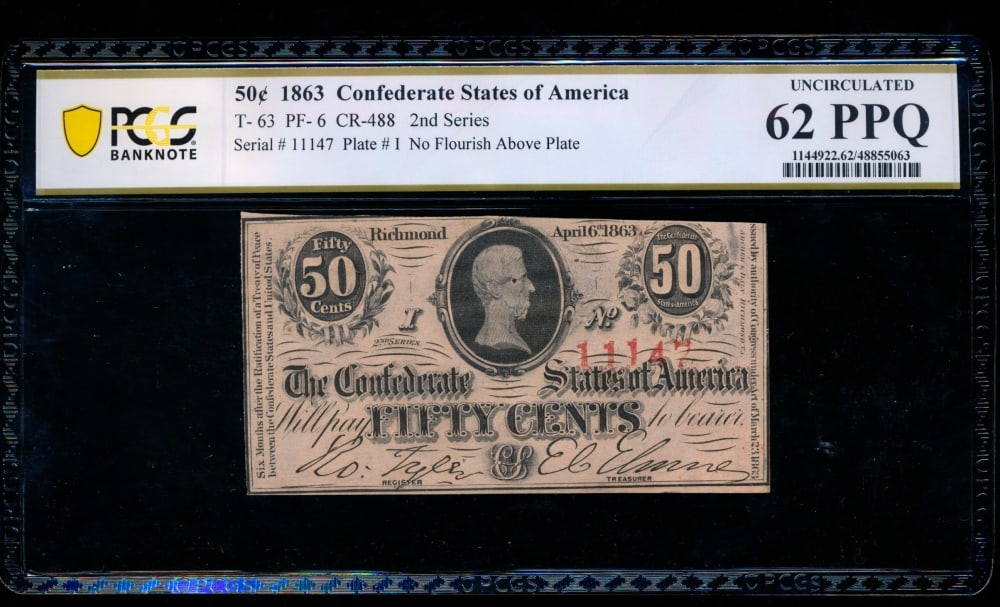 50 Cent 1863 T-63 Confederate PCGS 62PPQ: One 50 Cent 1863 T-63 Confederate PCGS 62PPQ.