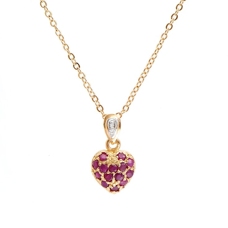 Plated 18KT Yellow Gold 0.71cts Ruby and Diamond Necklace: One Plated 18KT Yellow Gold 0.71cts Ruby and Diamond Necklace 18 in. (14) Red Ruby stones with a total weight of 0.7cts. (1) diamonds with a total of 0.01cts with a color of H-I and clarity of I-3. To