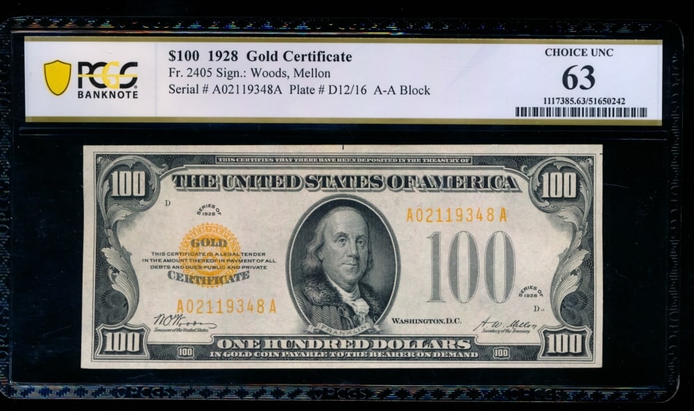 1928 $100 Gold Certificate PCGS 63 (1 of 2)