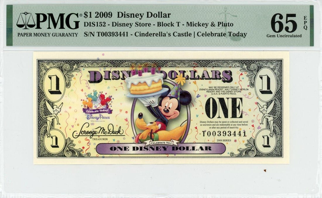 2009 $1 Mickey and Pluto Disney Dollar PMG 65EPQ (1 of 2)