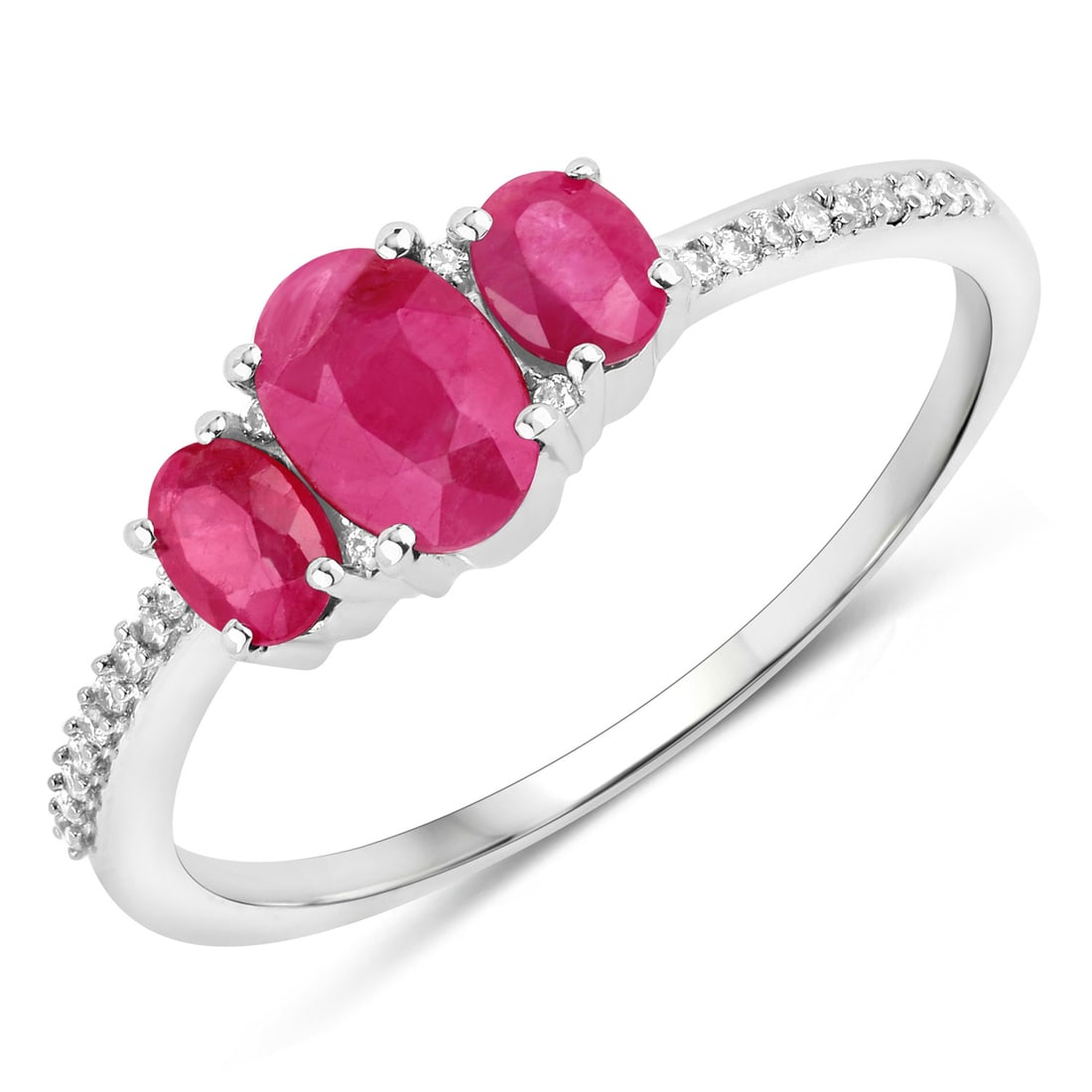 14KT White Gold 1.02ctw Ruby and White Diamond Ring: Ruby Oval/6x4mm - 1/0.52 ctw Prong Setting Natural Heat Treated F + Ruby Oval/4x3mm - 2/0.44 ctw Natural Heat Treated F + White Diamond Round/0.80mm - 22/0.06 ctw Natural Not Treated N H-I I1. Ring si