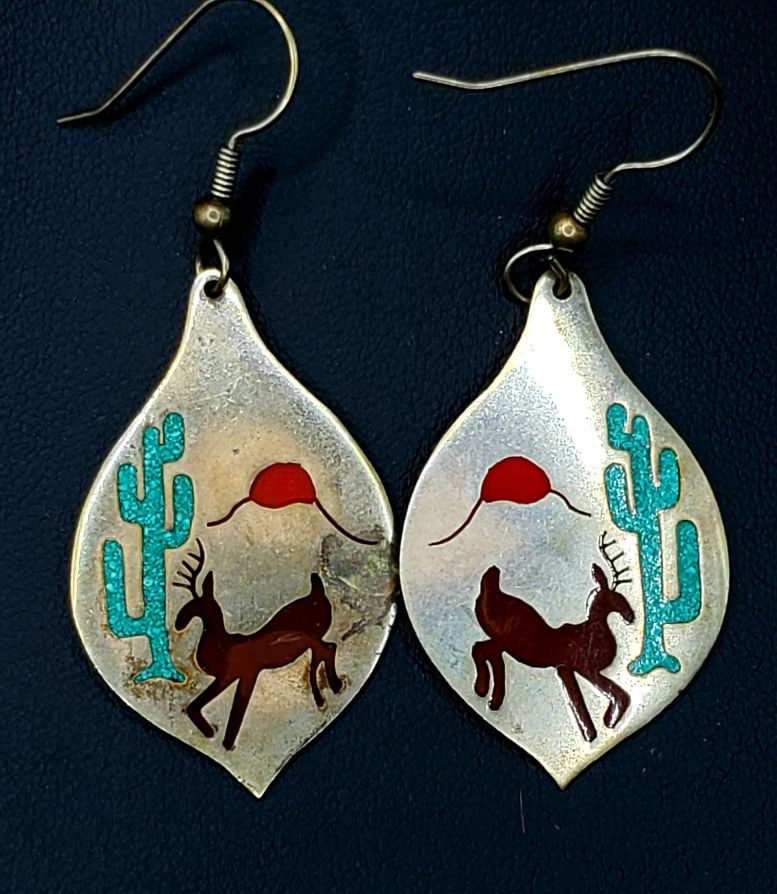 Hand Crafted MEXICO STERLING Turquoise EARRINGS: These fine Alpaca stamped earrings feature inlayed turquoise, red coral and black onyx.6.3 Total gram weight