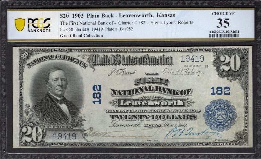 1902 $20 Leavenworth KS National PCGS 35: One 1902 $20 Leavenworth KS National PCGS 35.
