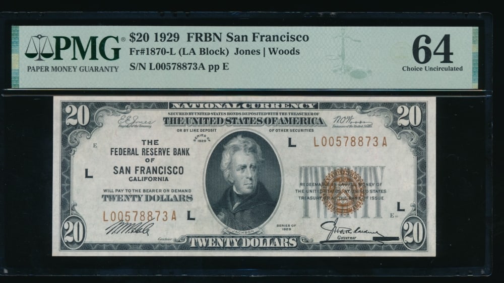 1929 $20 San Francisco FRBN PMG 64: One 1929 $20 San Francisco FRBN PMG 64.