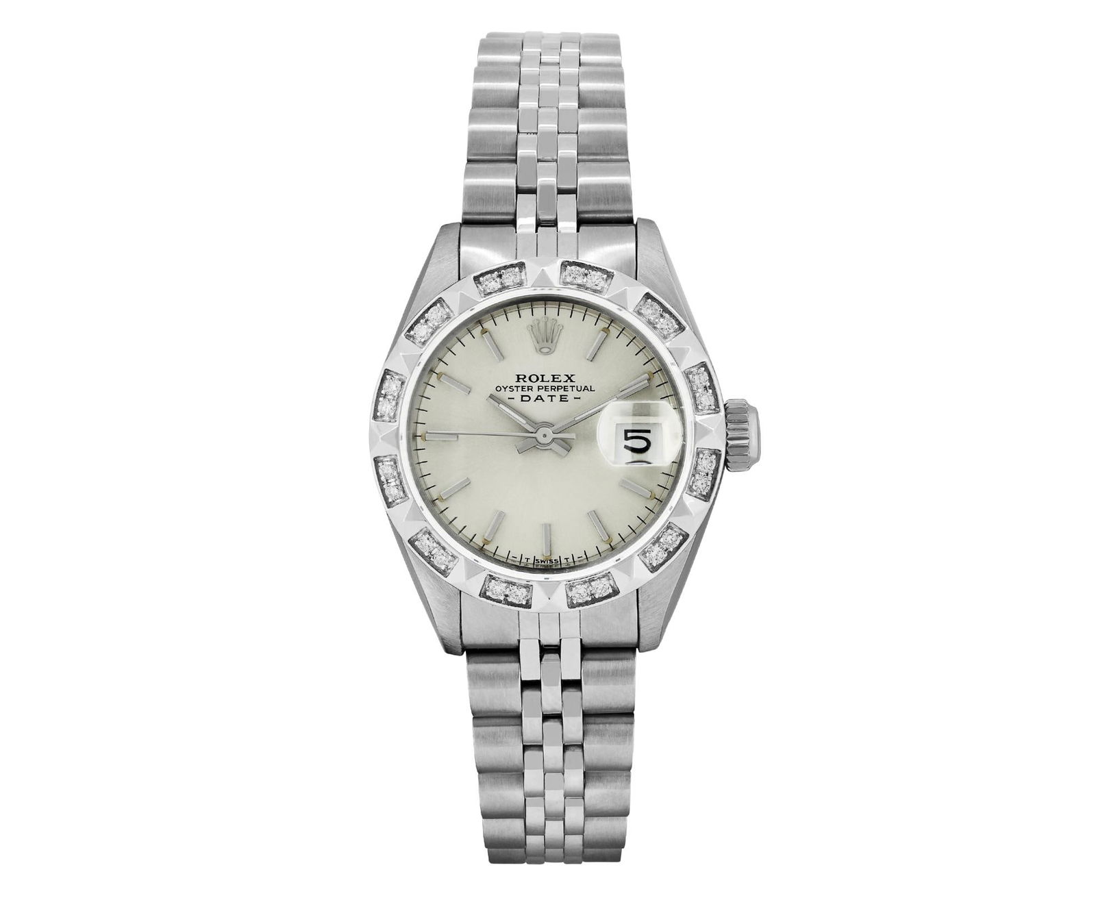 Rolex Ladies Stainless Steel Pyramid Diamond Bezel Date Watch: This Lady Rolex Date watch features a silver dial with index hour markers and a custom sapphire crystal, with a magnified date window. The timepiece has custom 18K white gold pyramid diamond bezel, se