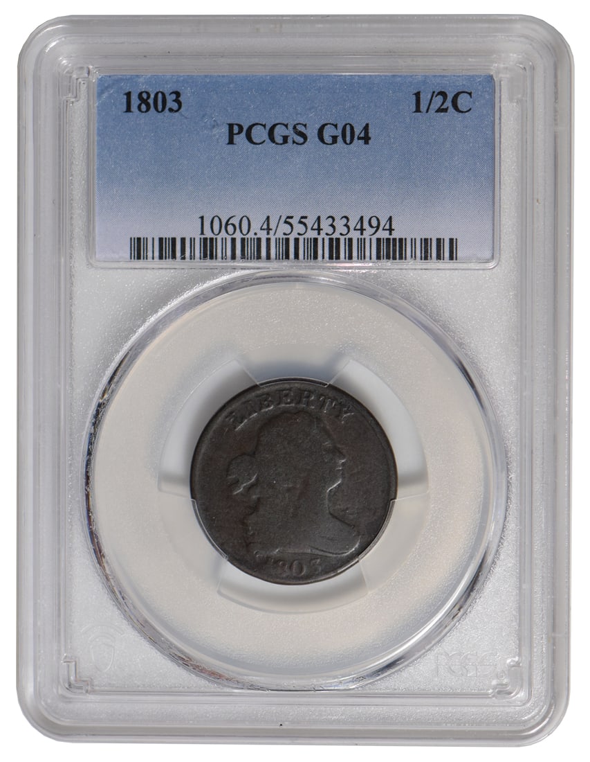 1803 Draped Bust Half Cent PCGS G04: One 1803 Draped Bust Half Cent PCGS G04.