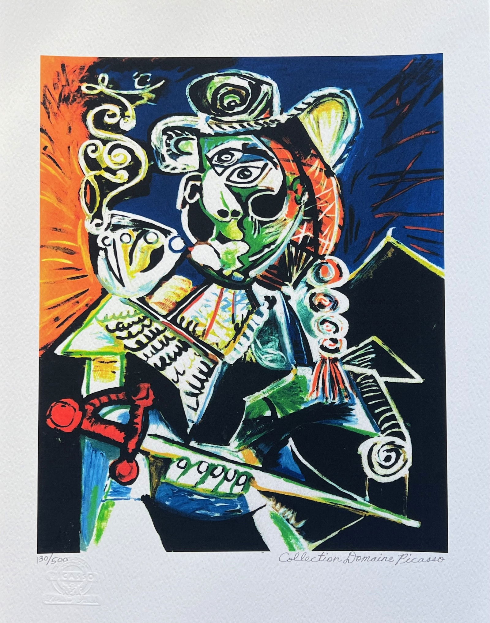 Pablo Picasso CAVALIER WITH PIPE Estate Signed Limited Edition Giclee: This is a PABLO PICASSO (ESTATE COLLECTION DOMAINE) (1881-1973) small giclee titled “CAVALIER WITH PIPE”. This piece is pencil signed on the lower right as ‘Collection Domaine Picasso’ and