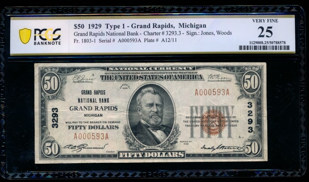 1929 $50 Grand Rapids MI National PCGS 25: One 1929 $50 Grand Rapids MI National PCGS 25.