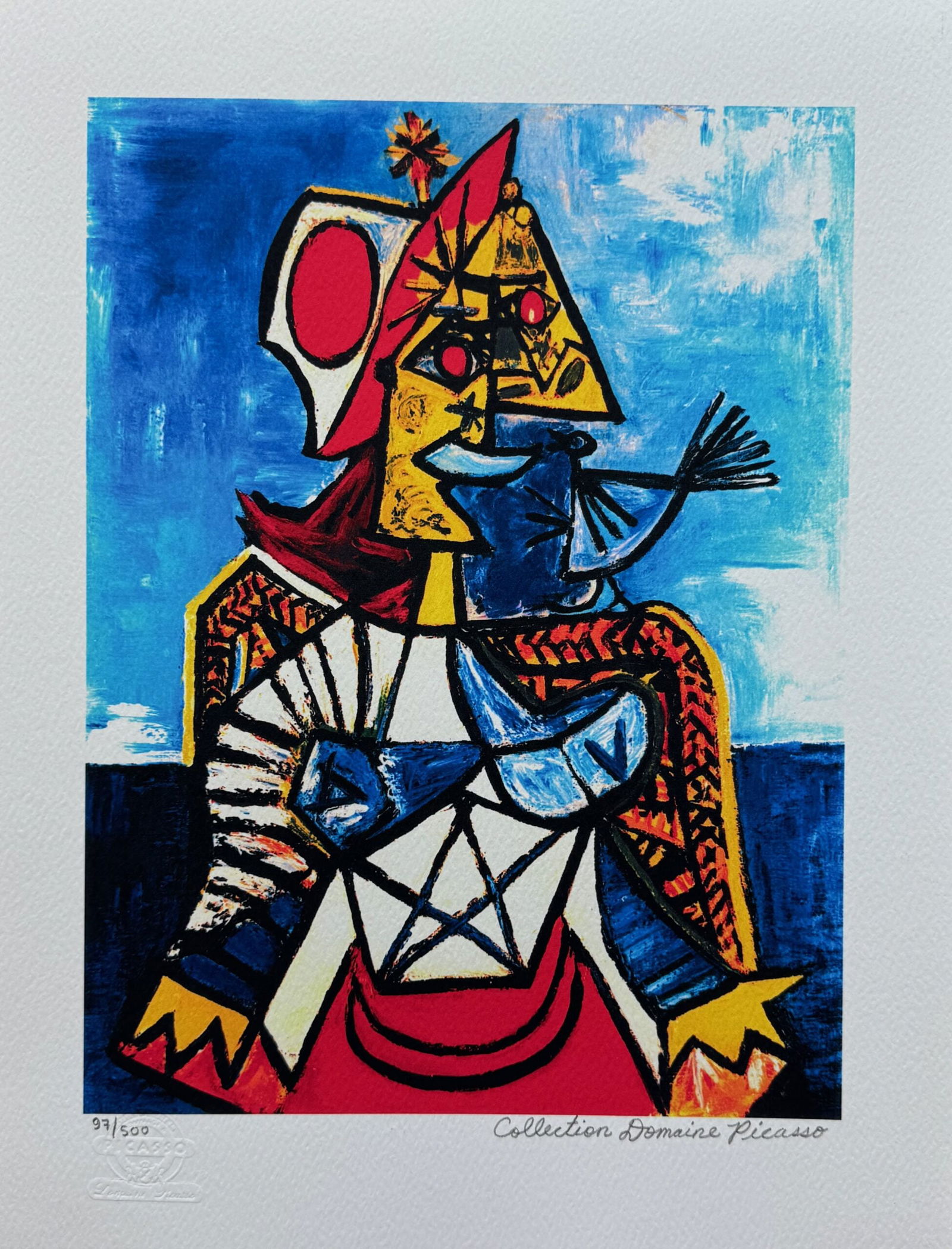 Pablo Picasso WOMAN WITH BIRD Estate Signed Limited Edition Giclee: This is a PABLO PICASSO (ESTATE COLLECTION DOMAINE) giclee titled “Woman with Bird”. This piece is pencil signed on the lower right as ‘Collection Domaine Picasso’ and has an embossed seal