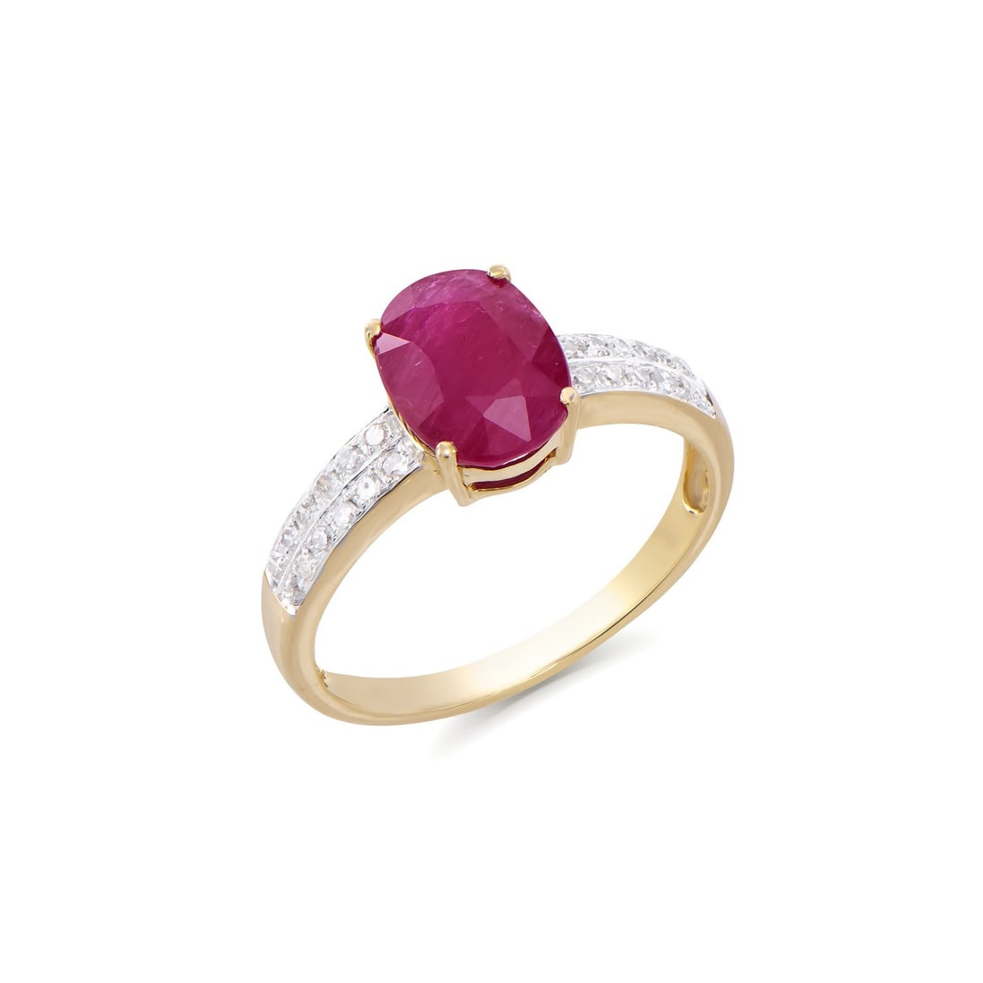 14KT Yellow Gold 2.05ct Ruby and Diamond Ring: (1) Ruby with a total weight of 2.05cts. (24) round Diamonds with a total weight of 0.20cts with a color of H-I and clarity of I1-I2. Total weight of the ring is 2.10 grams. Ring size 7.5.