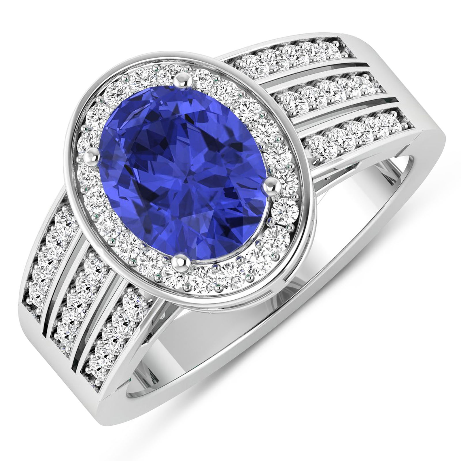 14KT White Gold 1.41ctw Tanzanite and Diamond Ring: Tanzanite (AA+) Oval 9x7mm - 1Pc + White Diamond F/C Round 1.30mm - 32Pcs + White Diamond F/C Round 1.20mm - 6Pcs + White Diamond F/C Round 1.10mm - 6Pcs + White Diamond F/C Round 1.00mm - 8Pcs ( SI-2