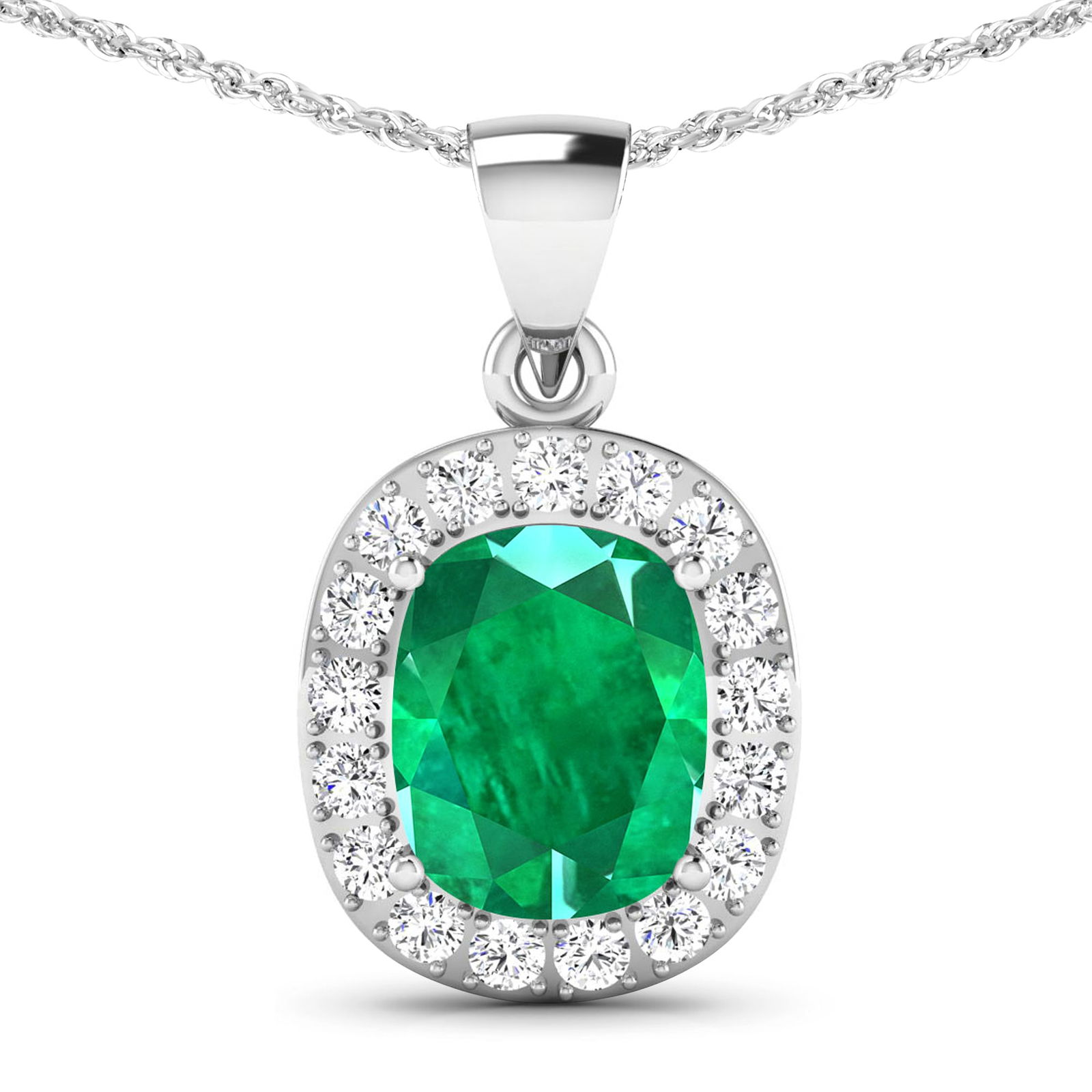 14KT White Gold 2.5ctw Zambian Emerald and Diamond Pendant: Zambian Emerald (AA) Cushion 10x8mm - 1Pc + White Diamond F/C Round 2.00mm - 17Pcs ( Diamond Quality : SI-2/HI ) Total weight of gemstone is 2.5cts. Total Diamond weight is 0.51cts. Total weight of th