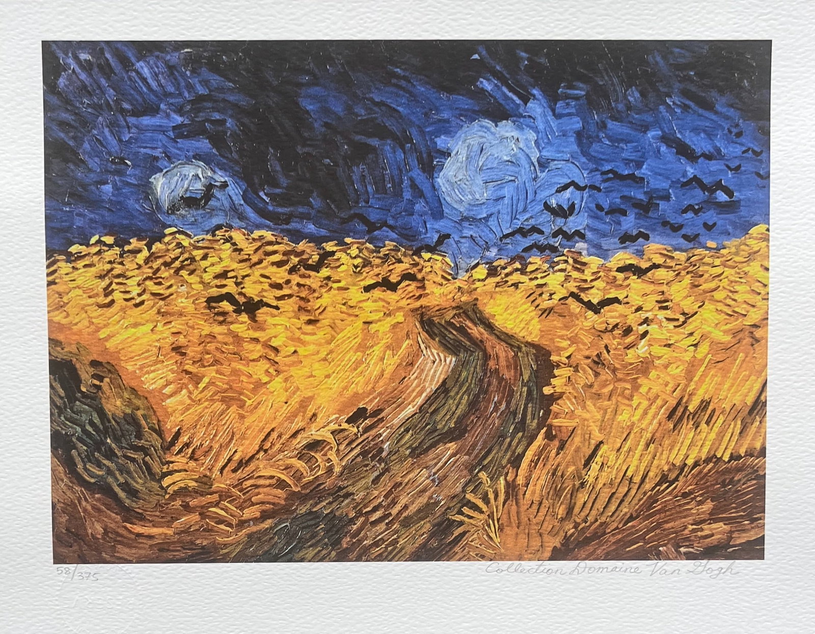 Vincent Van Gogh WHEAT FIELD WITH CROWS Estate Signed Giclee: This is a VINCENT VAN GOGH (ESTATE COLLECTION DOMAINE) reproduction giclee titled “Wheat Field with Crows”. This piece is pencil signed on the lower right as ‘Collection Domaine Van Gogh’