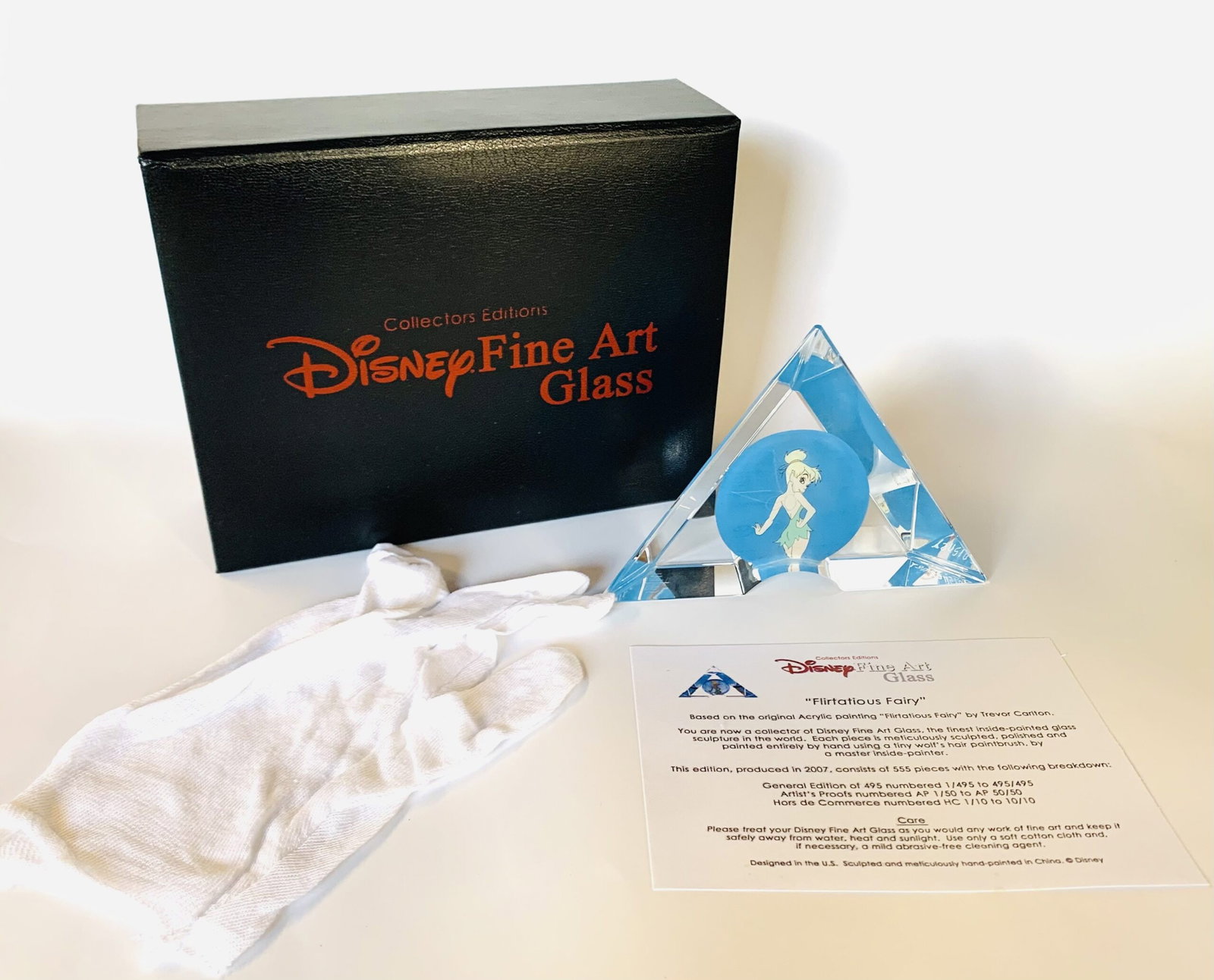 Disney Tinker Bell Fine Art Glass Flirtatious Fairy Trevor Carlton: This is a Disney Tinker Bell “Flirtatious Fairy” by Trevor Carlton Fine Art Glass Statue With Original Presentation Lined Box. This limited edition sculpture is in mint condition. Comes with a