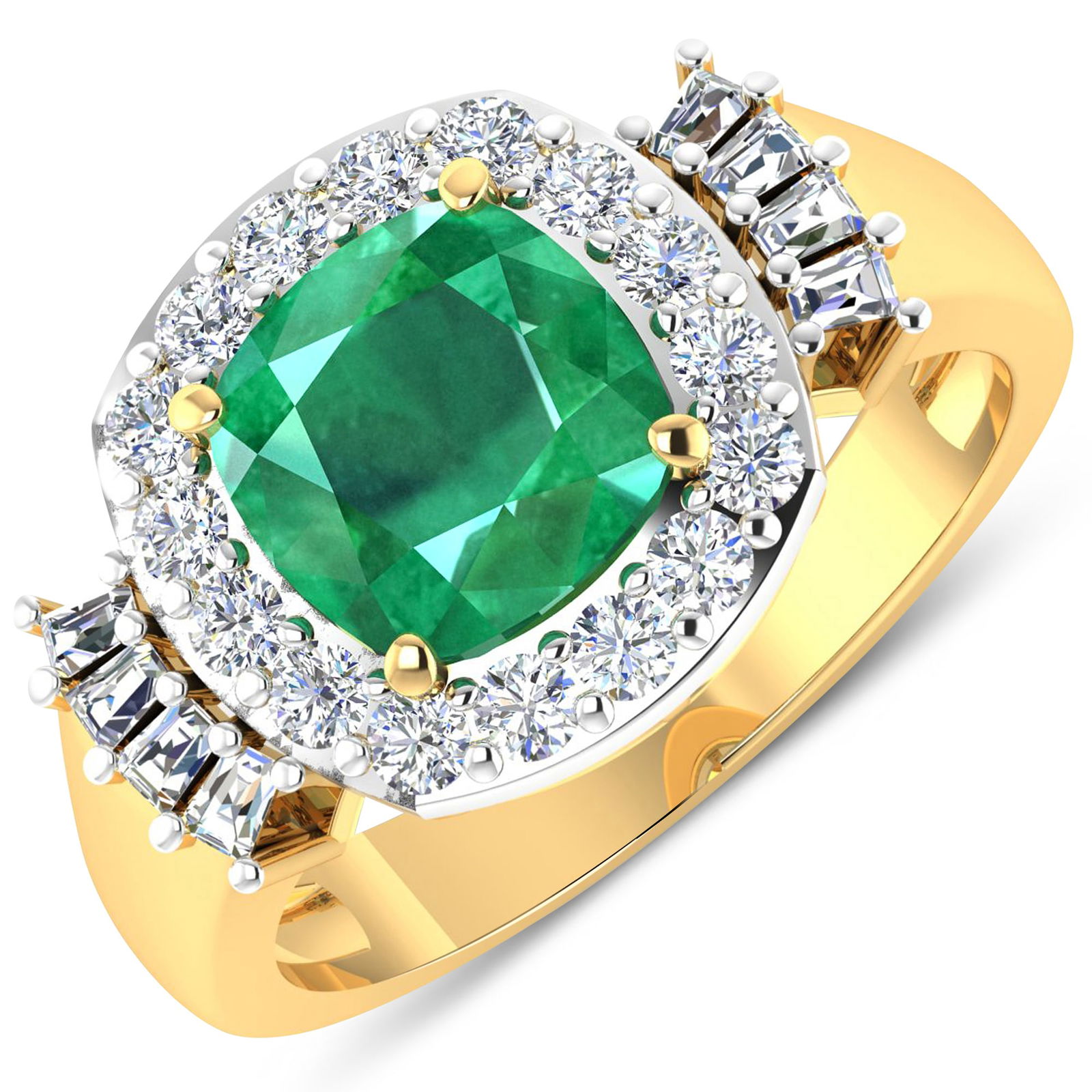 14KT Yellow Gold 2.07ct Zambian Emerald and Diamond Ring: Zambian Emerald (AA) Cushion 8.00mm - 1Pc + White Diamond Tapper Baguette 2.00x1.50x1.10mm - 8Pcs + White Diamond F/C Round 2.00mm - 16Pcs ( White Pan Rhodium ) ( Diamond Quality : SI-2/HI ). Total we