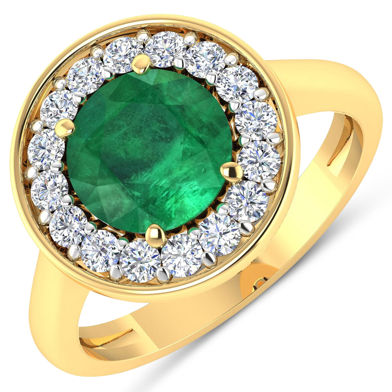 14KT Yellow Gold 1.8ct Zambian Emerald and Diamond Ring: Zambian Emerald (AA) Round 8.00mm - 1Pc + White Diamond F/C Round 2.00mm - 16Pcs ( White Pan Rhodium ) ( Diamond Quality : SI-2/HI ). Total weight of gemstone is 1.8cts. Total weight of Diamonds is 0.
