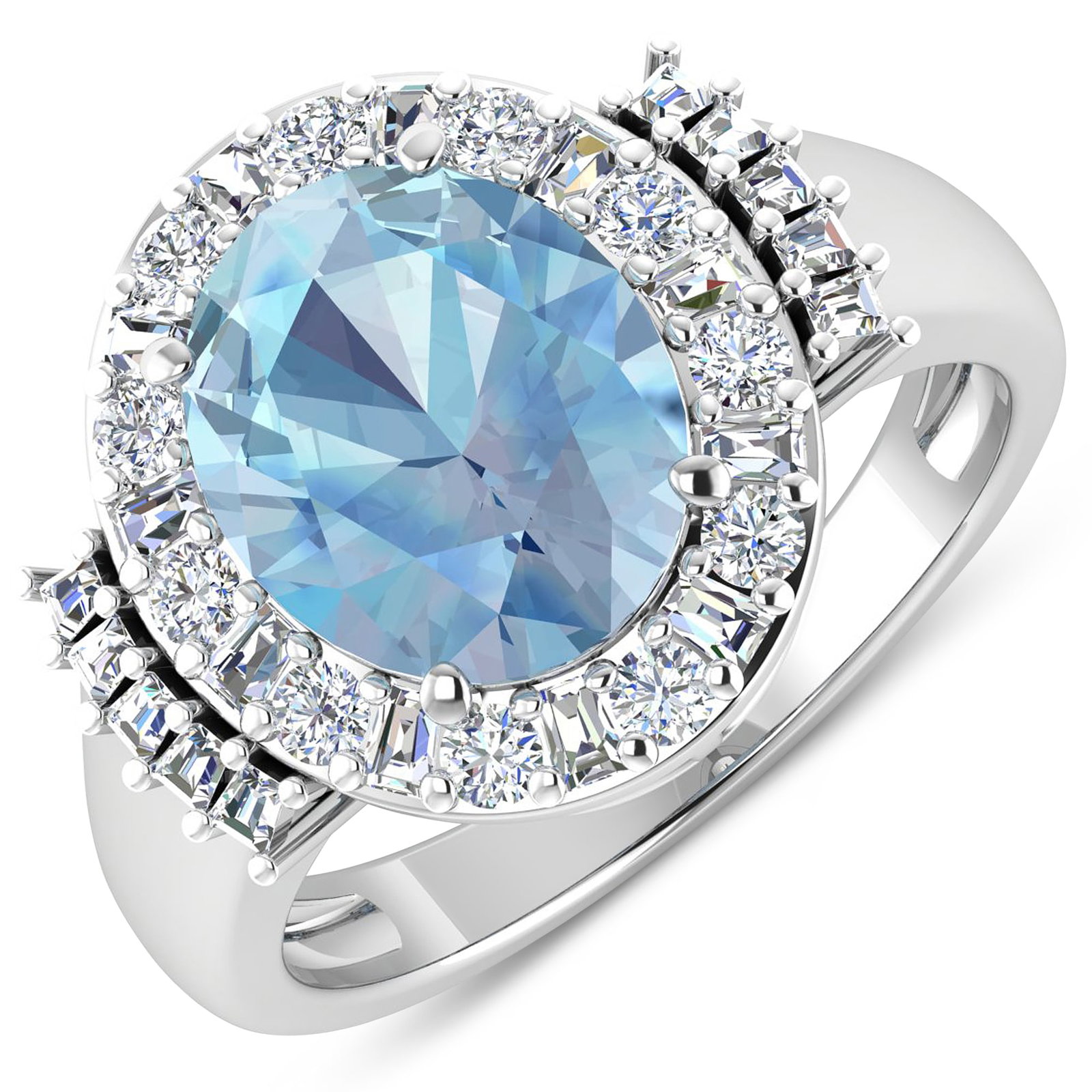 14KT White Gold 2.9ct Aquamarine and Diamond Ring: Aquamarine (AA+) Oval 11x9mm - 1Pc + White Diamond Tapper Baguette 2.00x1.50x1.10mm - 11Pcs + White Diamond Tapper Baguette 1.50x1.40x1.00mm - 10Pcs + White Diamond F/C Round 2.00mm - 11Pcs ( Diamond