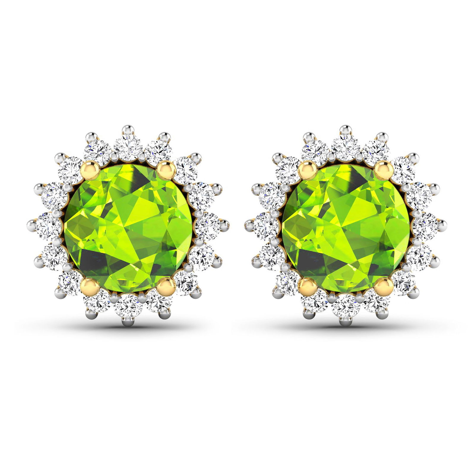 14KT Yellow Gold 1.72ctw Peridot Topaz and Diamond Earrings: Peridot Round 6.00mm - 2Pcs + White Diamond F/C Round 1.30mm - 32Pcs ( Push-Post ) ( White Pan Rhodium ) ( I1-I2/I color ) Total weight of gemstones is 1.72cts. Total Diamond weight is 0.32cts. Total
