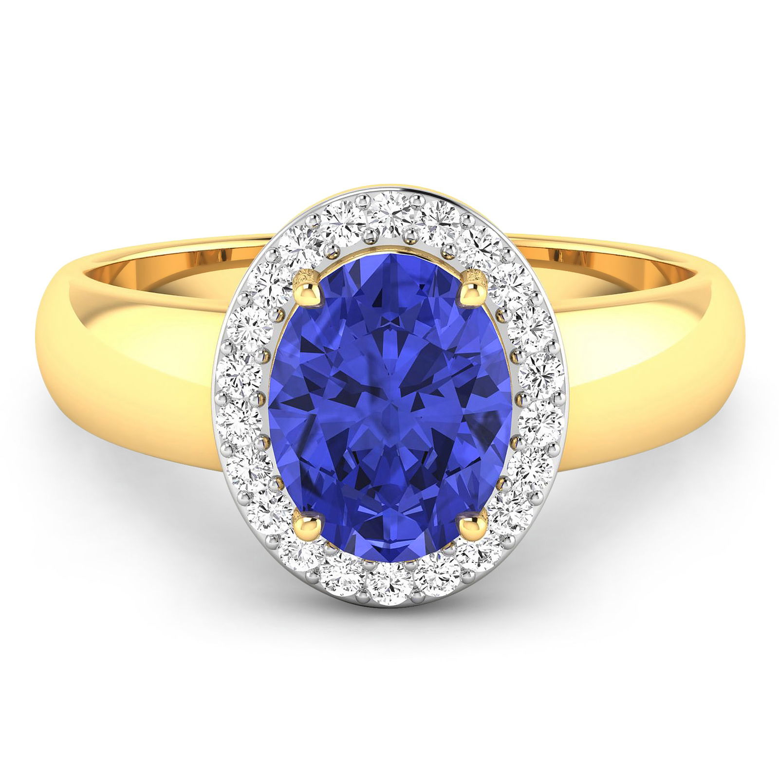 14KT Yellow Gold 1.41ct Tanzanite and Diamond Ring: Tanzanite (AA+) Oval 9x7mm - 1Pc + White Diamond F/C Round 1.30mm - 22Pcs ( White Pan Rhodium ) (I1-I2/I color) ( With J Back ). Total weight of gemstone is 1.41cts. Total weight of Diamonds is 0.22ct