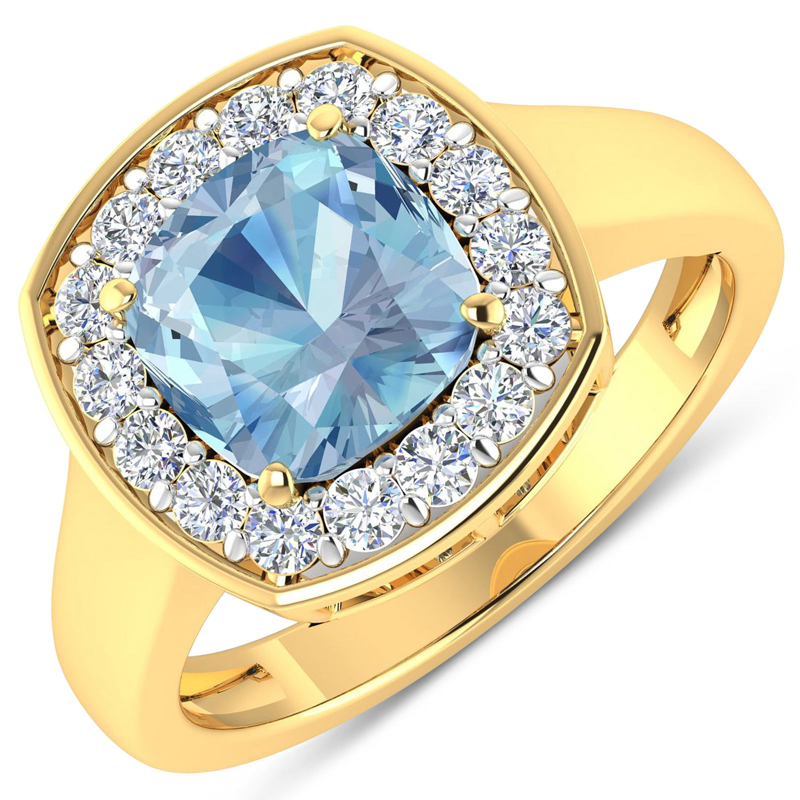 14KT Yellow Gold 1.48ct Aquamarine and Diamond Ring: Aquamarine (AA+) Cushion 8.00mm - 1Pc + White Diamond F/C Round 2.00mm - 16Pcs ( White Pan Rhodium ) ( Diamond Quality : SI-2/HI ). Total weight of gemstone is 1.48cts. Total weight of Diamonds is 0.4