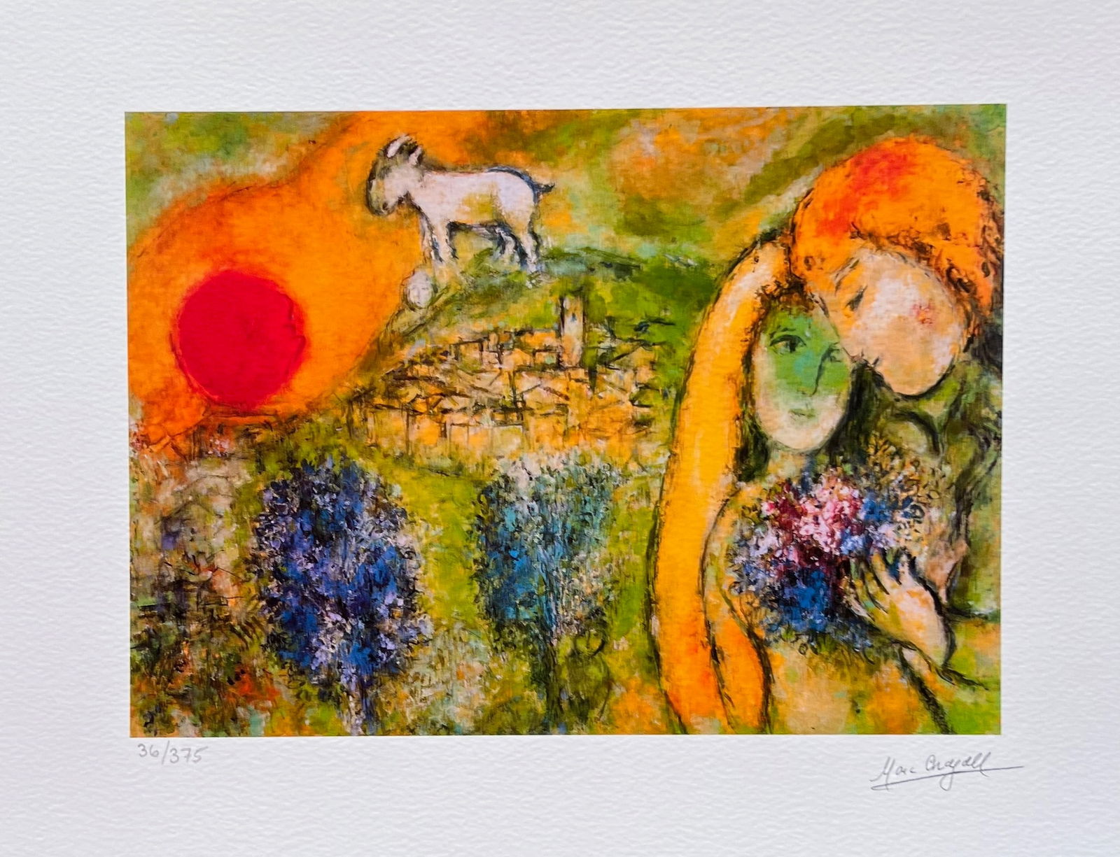 Marc Chagall LOVERS AT VENCE Facsimile Signed Limited Edition Giclee: This is a Marc Chagall limited edition giclee titled “LOVERS AT VENCE”. This subject is facsimile signed which means it has a copy of Chagall’s signature. Numbered from a limited edition of