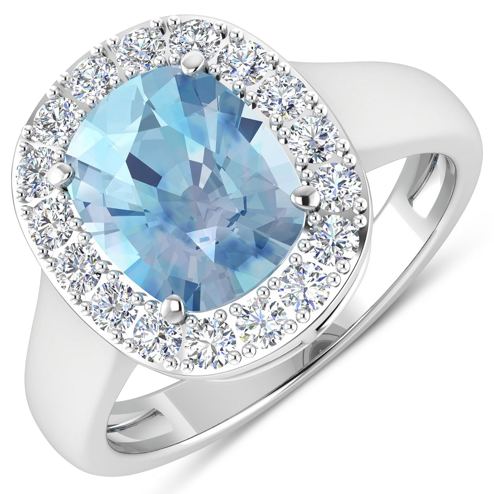 14KT White Gold 3ct Aquamarine and Diamond Ring: Aquamarine (AA+) Cushion 10x8mm - 1Pc + White Diamond F/C Round 2.00mm - 17Pcs ( Diamond Quality : SI-2/HI ). Total weight of gemstone is 3cts. Total weight of Diamonds is 0.51cts. Total weight of thi