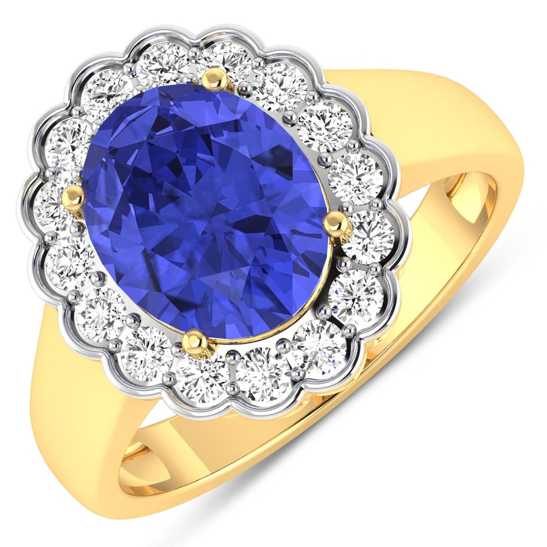 14KT Yellow Gold 2.21ctw Tanzanite and Diamond Ring: Tanzanite (AA+) Oval 10x8mm - 1Pc + White Diamond F/C Round 2.00mm - 16Pcs ( White Pan Rhodium ) ( SI-2/HI ) Total weight of gemstone is 2.21cts. Total Diamond weight is 0.48cts. Total weight of this