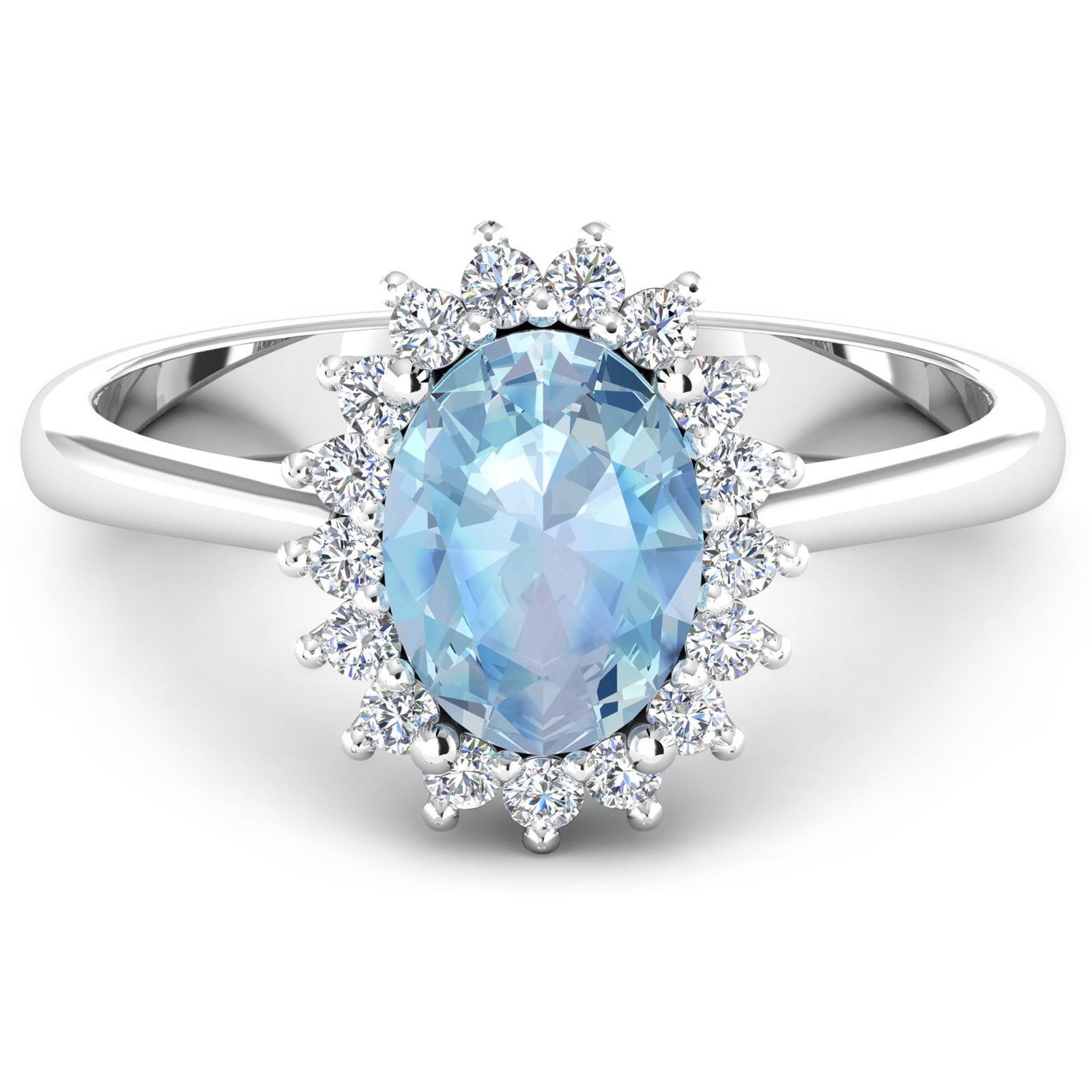 14KT White Gold 1.28ctw Aquamarine and Diamond Ring: (1) Aquamarine stone with a total weight of 1.28cts. Aquamarine (AA+) Oval 9x7mm - 1Pc + White Diamond F/C Round 1.40mm - 20Pcs (I1-I2/I color). Total weight of 2.25 grams. Ring size 7.