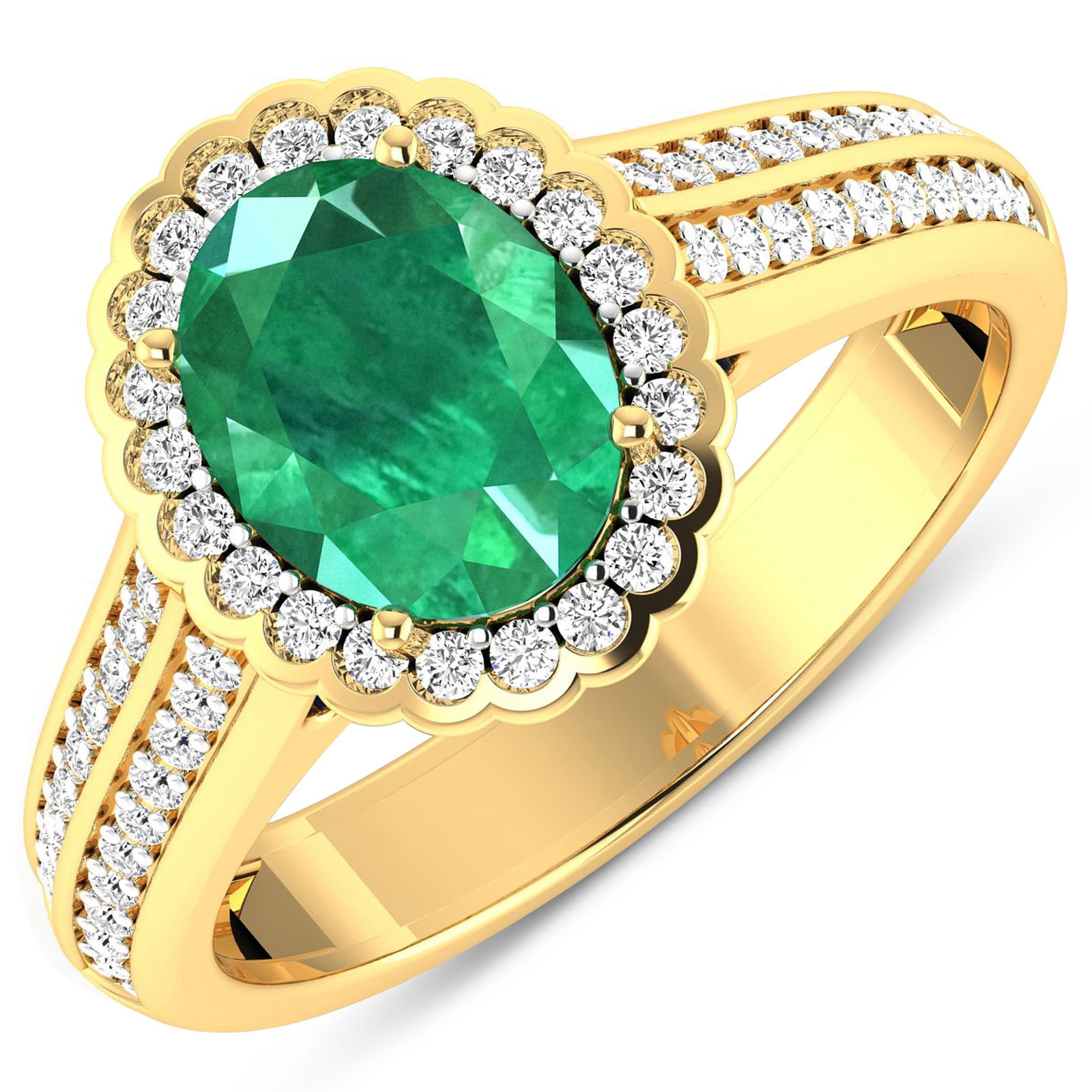 14KT Yellow Gold 1.53ct Zambian Emerald and Diamond Ring: Zambian Emerald (AA) Oval 9x7mm - 1Pc + White Diamond F/C Round 1.20mm - 30Pcs + White Diamond F/C Round 1.10mm - 20Pcs + White Diamond F/C Round 1.00mm - 12Pcs ( White Pan Rhodium ) (I1-I2/I color).