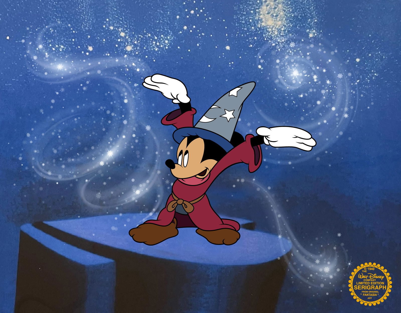 Disney MICKEY MOUSE FANTASIA SORCERER Sericel Animation Art Cel: This is a Disney limited edition sericel of Sorcerer Mickey Mouse. This fantastic animation features Mickey from Fantasia. Disney’s own artists have selected this scene from the original animation d