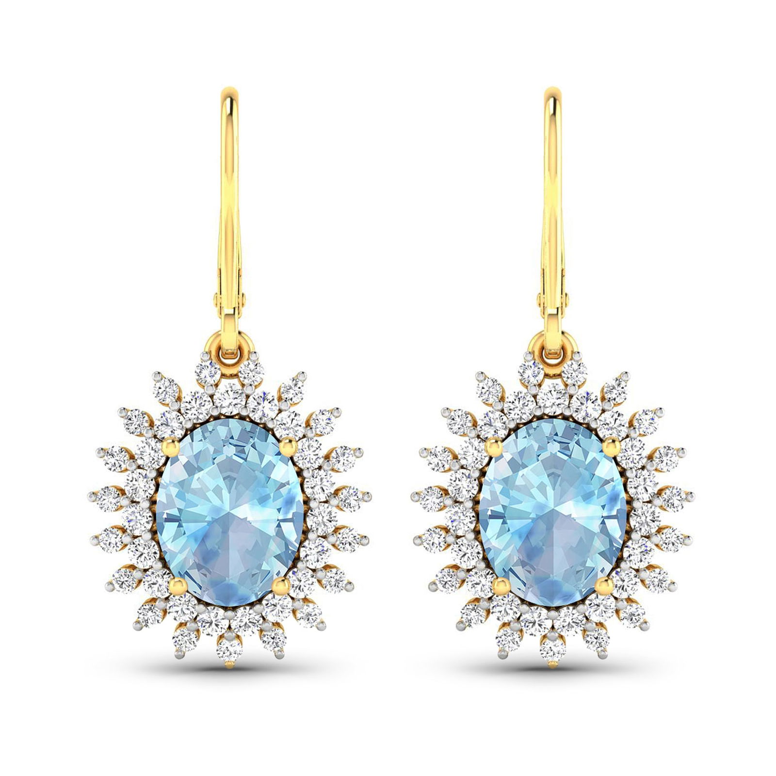 14KT Yellow Gold 2.56ctw Aquamarine and Diamond Earrings: Aquamarine Oval 9x7mm - 2Pcs + White Diamond F/C Round 1.50mm - 38Pcs + White Diamond F/C Round 1.20mm - 38Pcs ( Diamond Quality : SI-2/HI ) Total weight of gemstones is 2.56cts. Total Diamond weight