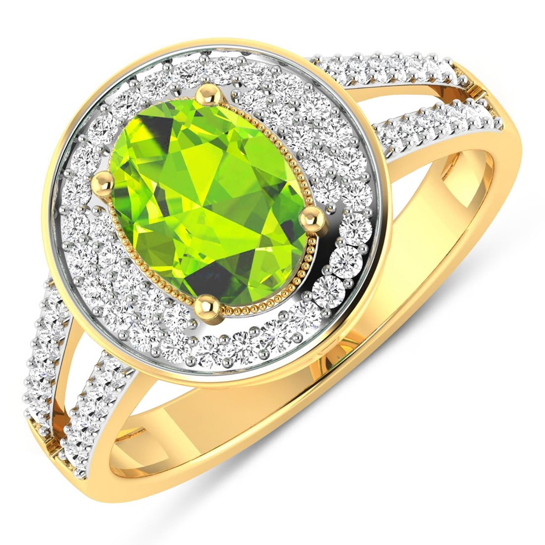 14KT Yellow Gold 1.05ctw Peridot and Diamond Ring: Peridot Oval 8x6mm - 1Pc + White Diamond F/C Round 1.10mm - 24Pcs + White Diamond F/C Round 1.00mm - 40Pcs ( White Pan Rhodium ) ( I1-I2/I color ) Total weight of gemstone is 1.05cts. Total Diamond we