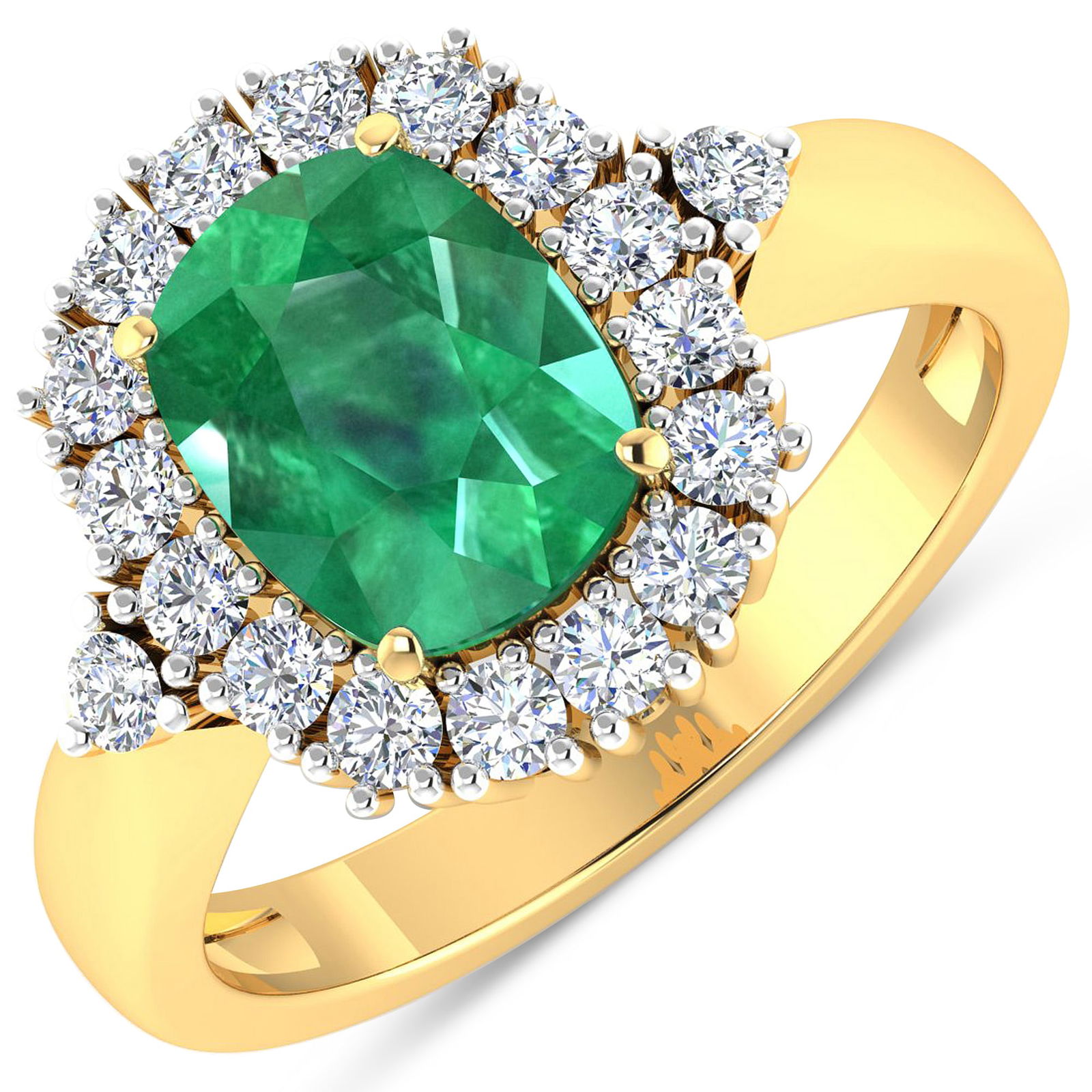 14KT Yellow Gold 1.74ct Zambian Emerald and Diamond Ring: Zambian Emerald (AA) Cushion 9x7mm - 1Pc + White Diamond F/C Round 2.00mm - 18Pcs ( White Pan Rhodium ) ( Diamond Quality : SI-2/HI ). Total weight of gemstone is 1.74cts. Total weight of Diamonds is