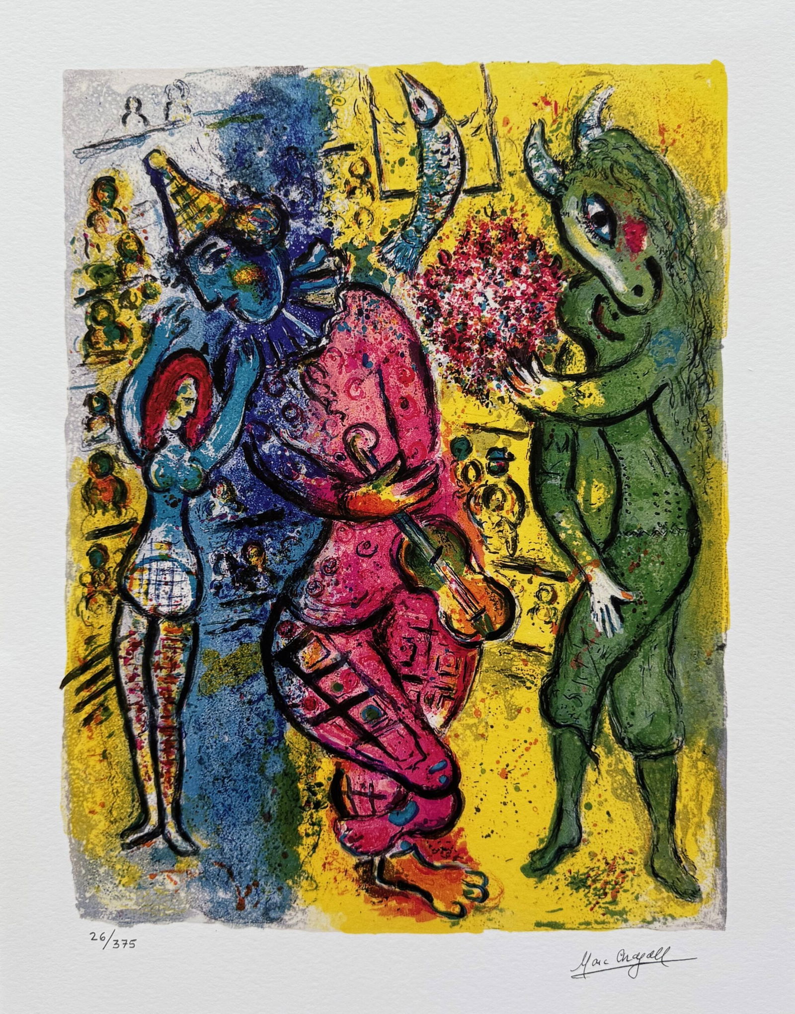 Marc Chagall CIRCUS II Facsimile Signed Limited Edition Giclee: This is a Marc Chagall limited edition giclee titled “CIRCUS II”. This giclee is facsimile signed on the lower right and is pencil numbered on the lower left from an edition of 375. Paper meas