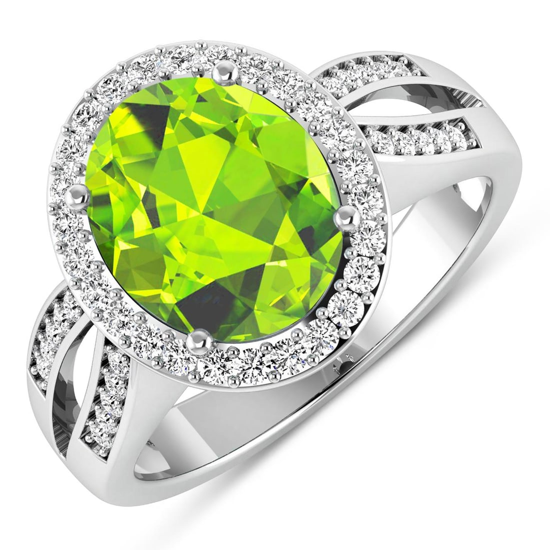 14KT White Gold 3.85ctw Peridot and Diamond Ring: Peridot Oval 11x9mm - 1Pc + White Diamond F/C Round 1.30mm - 26Pcs + White Diamond F/C Round 1.10mm - 20Pcs ( SI-2/HI ) Total weight of gemstone is 3.85cts. Total Diamond weight is 0.39cts. Total weig